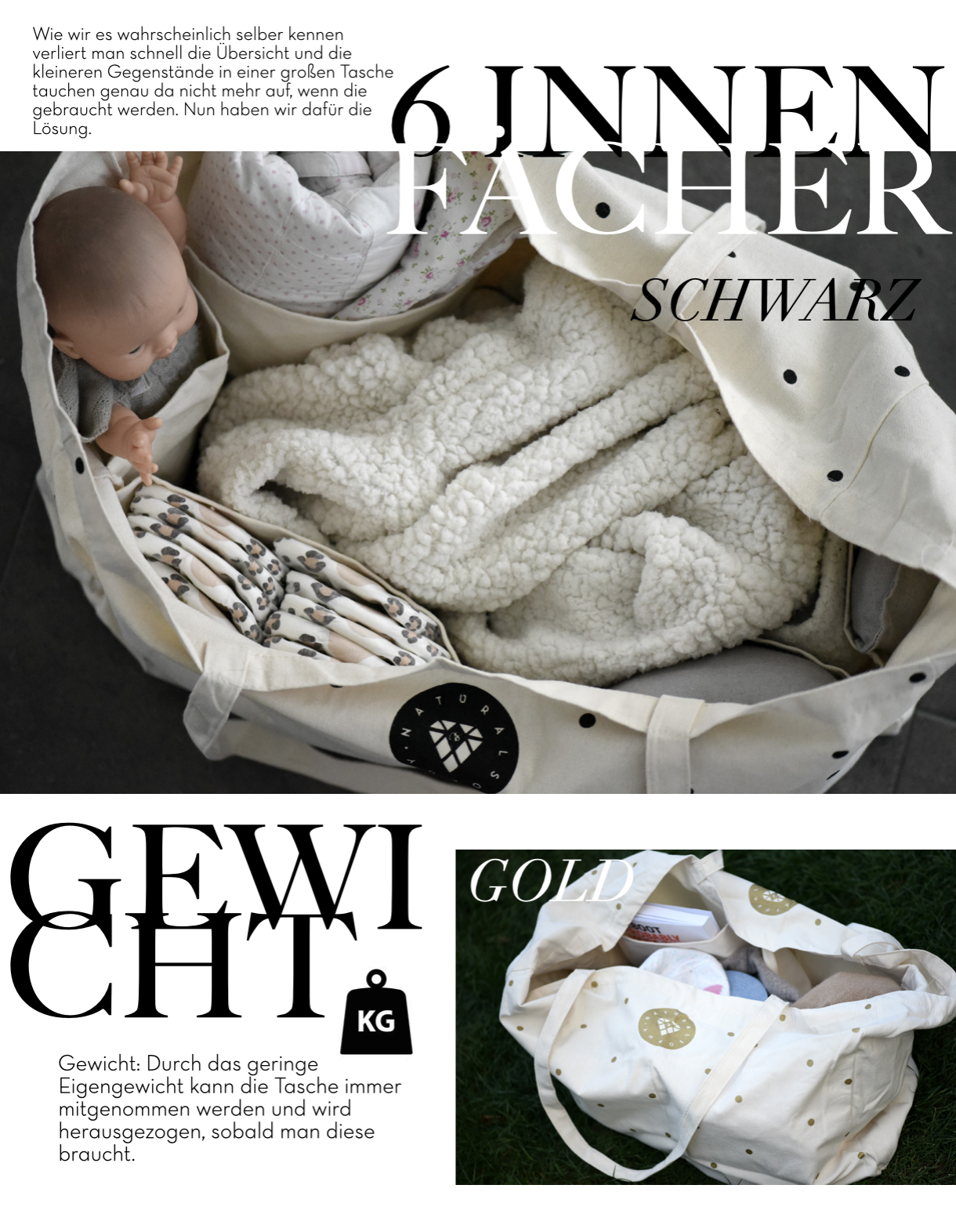 NATURALSOPHY Black dots Shopping-Mom Bag with 6 inside pockets