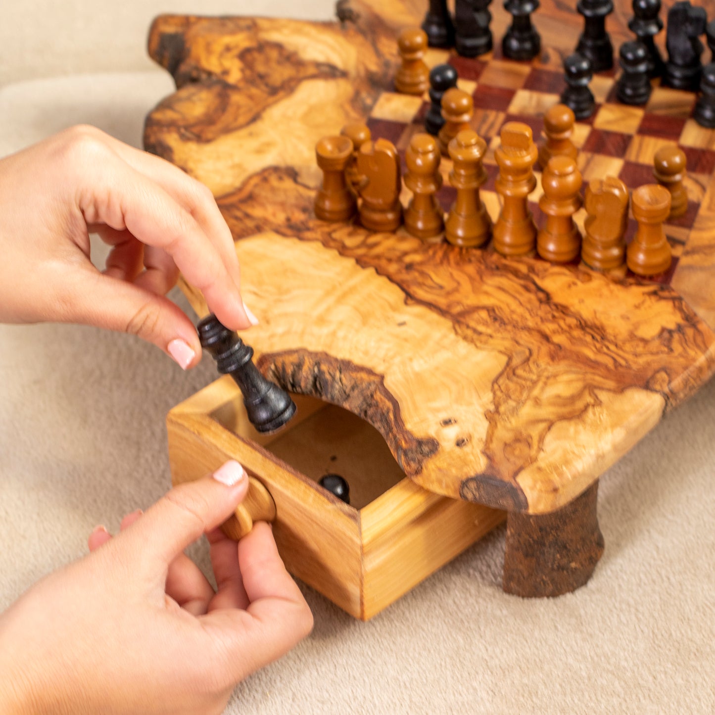 Olive Wood Chess Set with Red Squares and Drawers for Home Decor