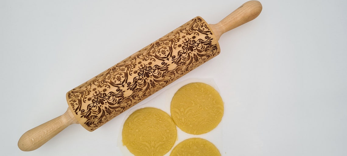Engraved Rolling Pin Natural Wood Folk Kitchen Pins Handmade - Floral