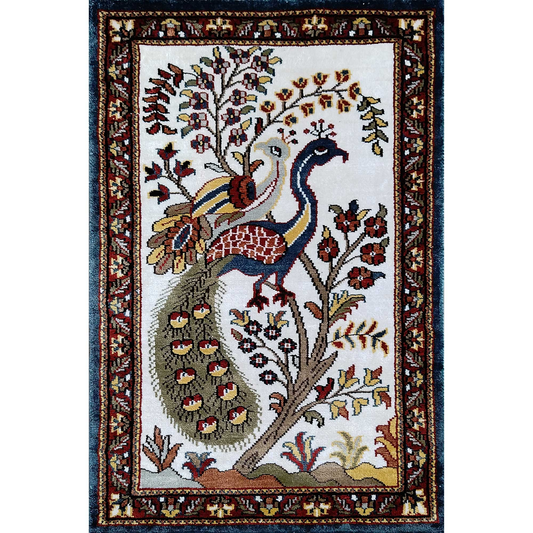 2×3 Ft Handmade Couple Peacock Silk Carpet White