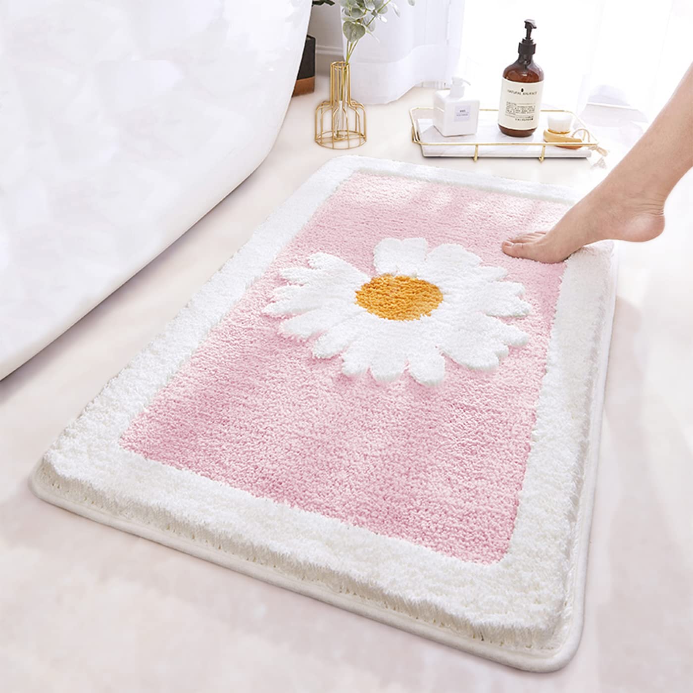 Pink Bathroom Rug, Ultra Soft Microfiber Shaggy Bathroom Mats