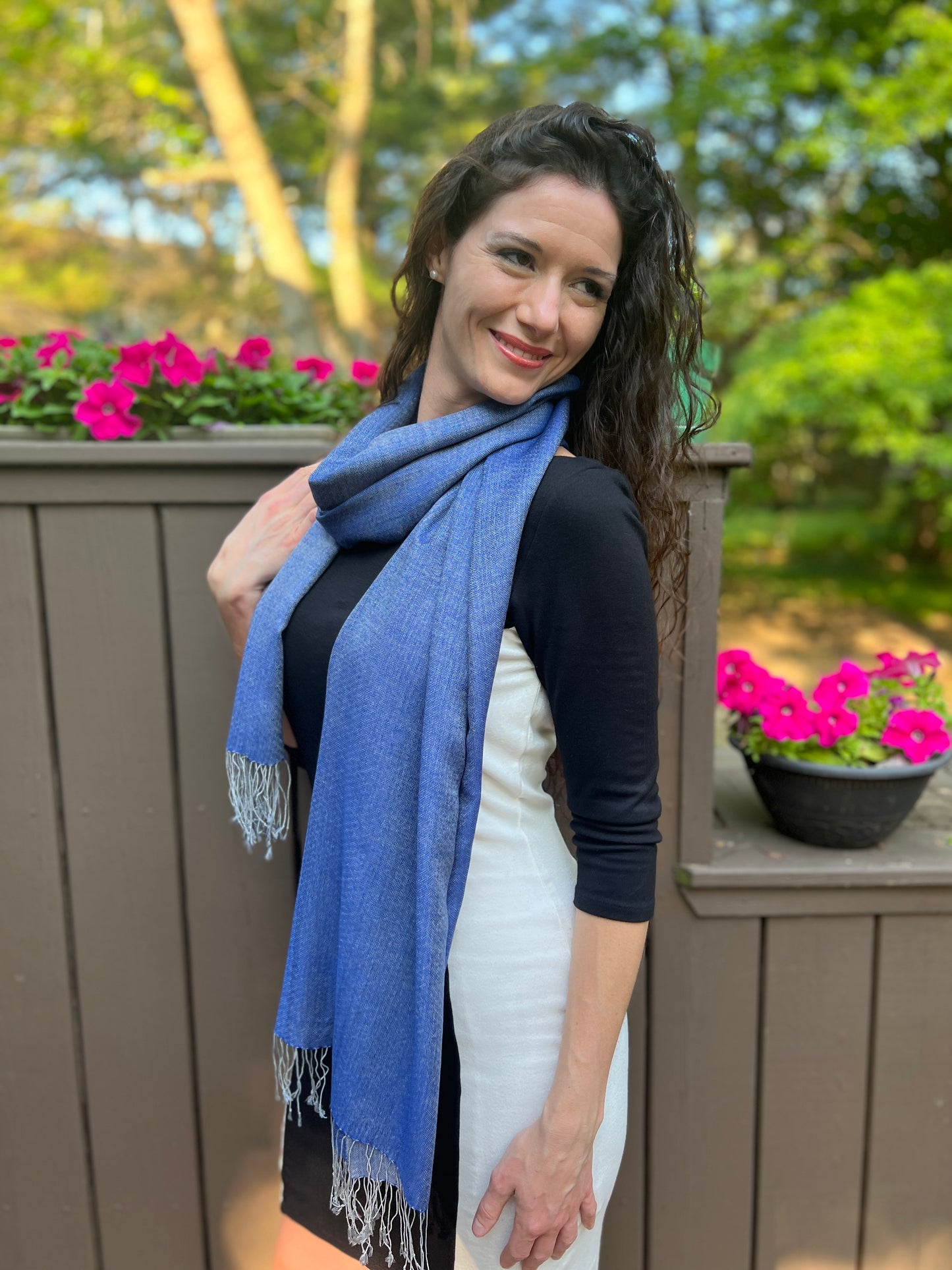 Blue Two Tone Wool And Silk Blend Scarf
