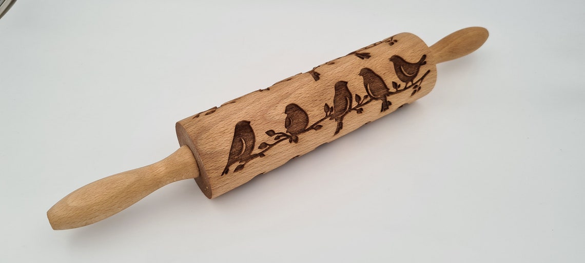 Engraved Rolling Pin Natural Wood Folk Kitchen Pins Handmade - Birds