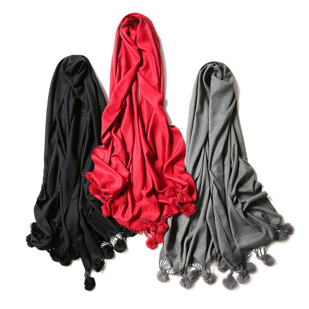 Lightweight Pom Pom Pashmina with Tassels