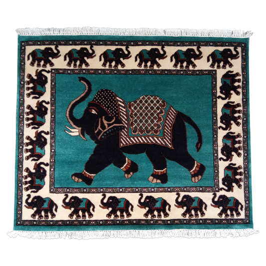 5×4 ft Handmade Elephant Wool Carpet Turquoise