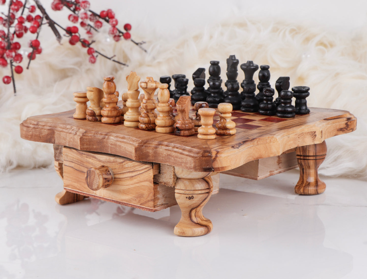 Chess Set with Wavy-Edged Board and Rustic Legs and Red Squares