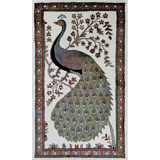 2×3 Feet Handmade Peacock Silk Carpet White