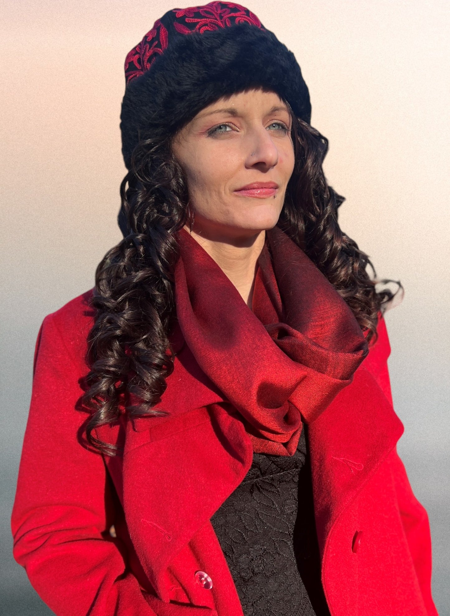 Red & Black Two Tone Wool And Silk Blend Scarf