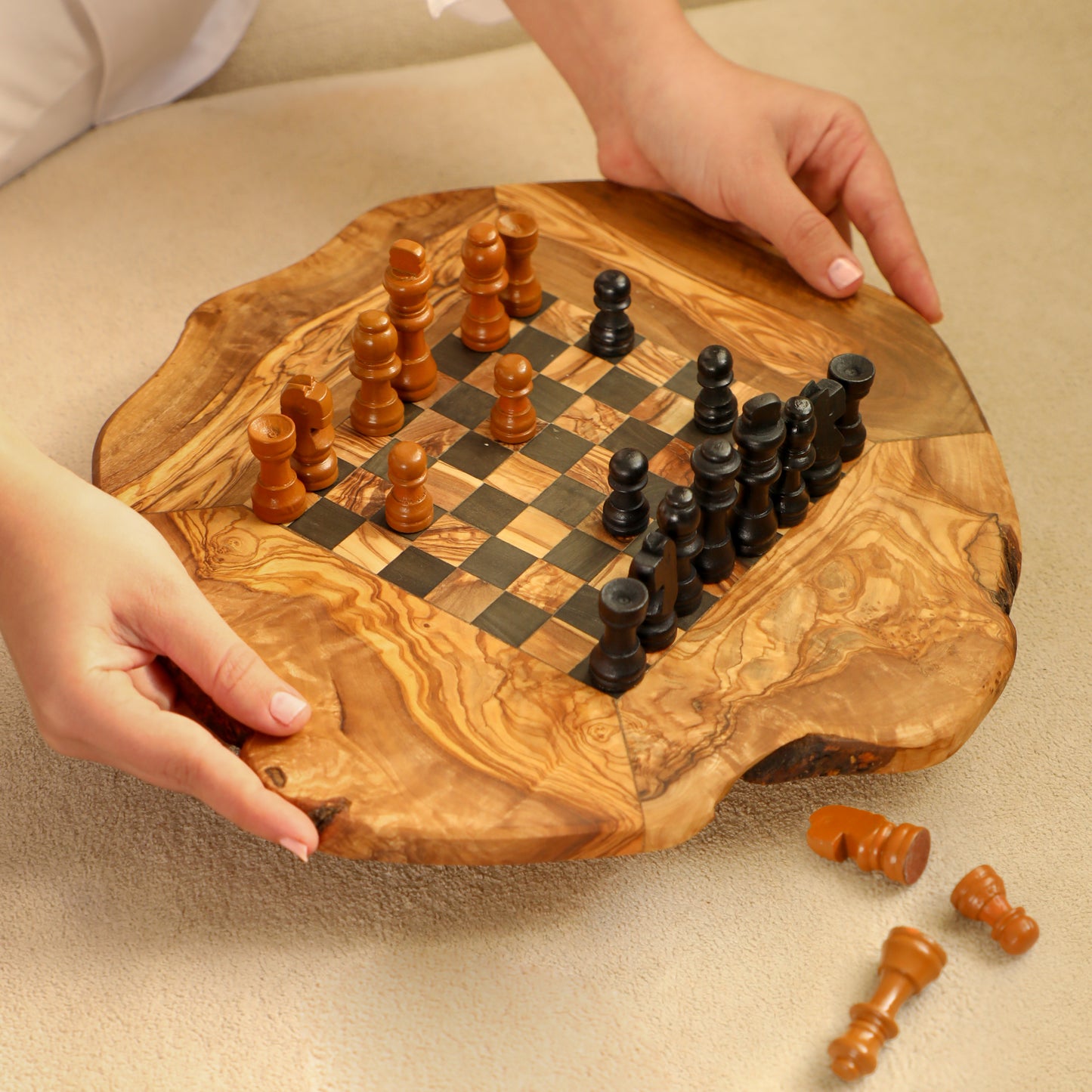 Handmade Olive Wood Chess Set with a Rustic Wobbly Board