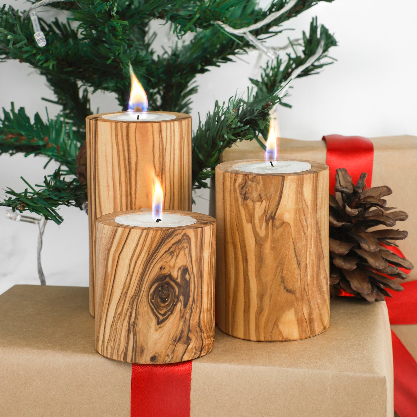 Handcrafted Tunisian Olive Wood Set of 3 Candle Holders