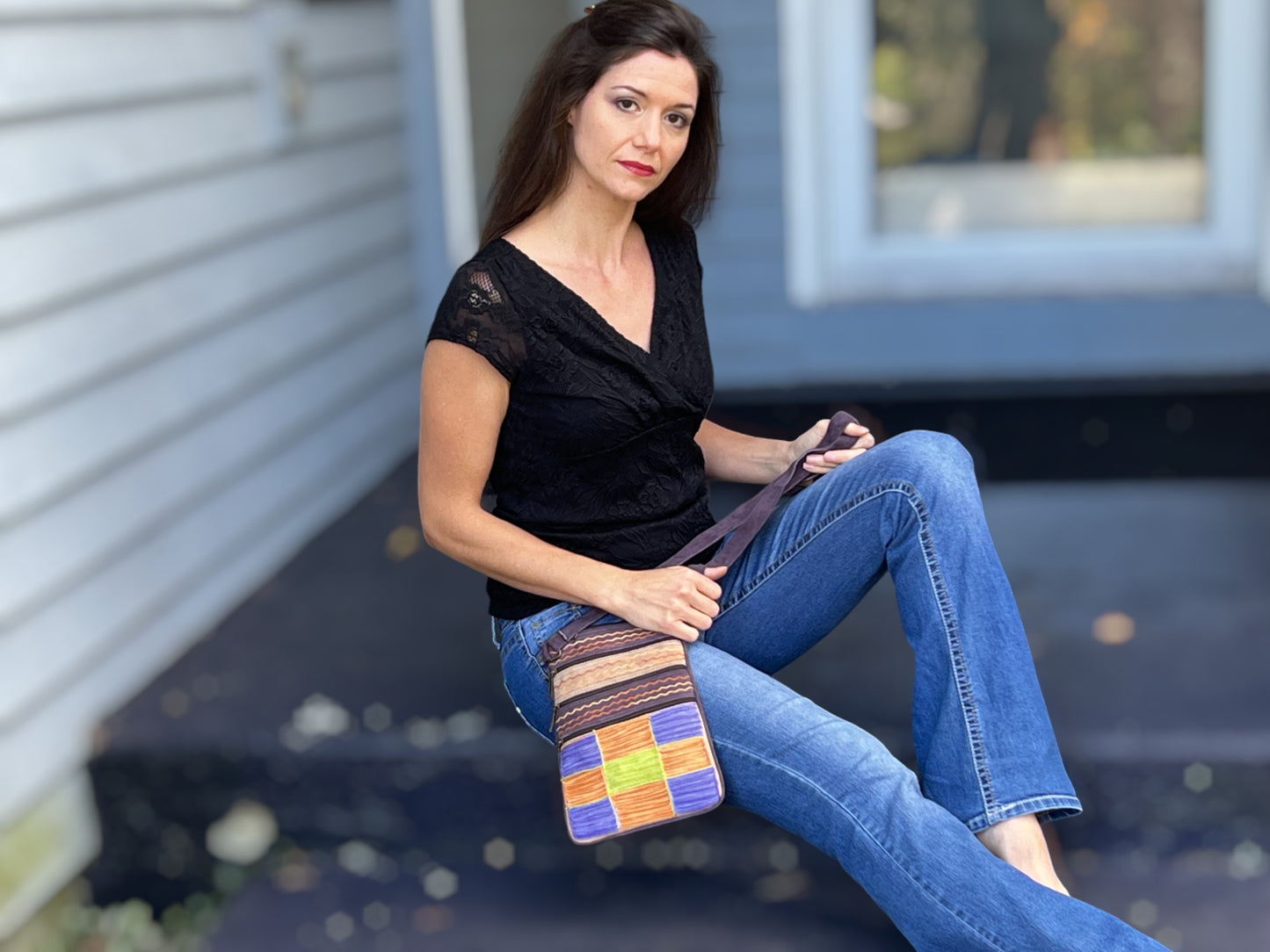 Purple, Green and Peach Suede Cross Body Bag