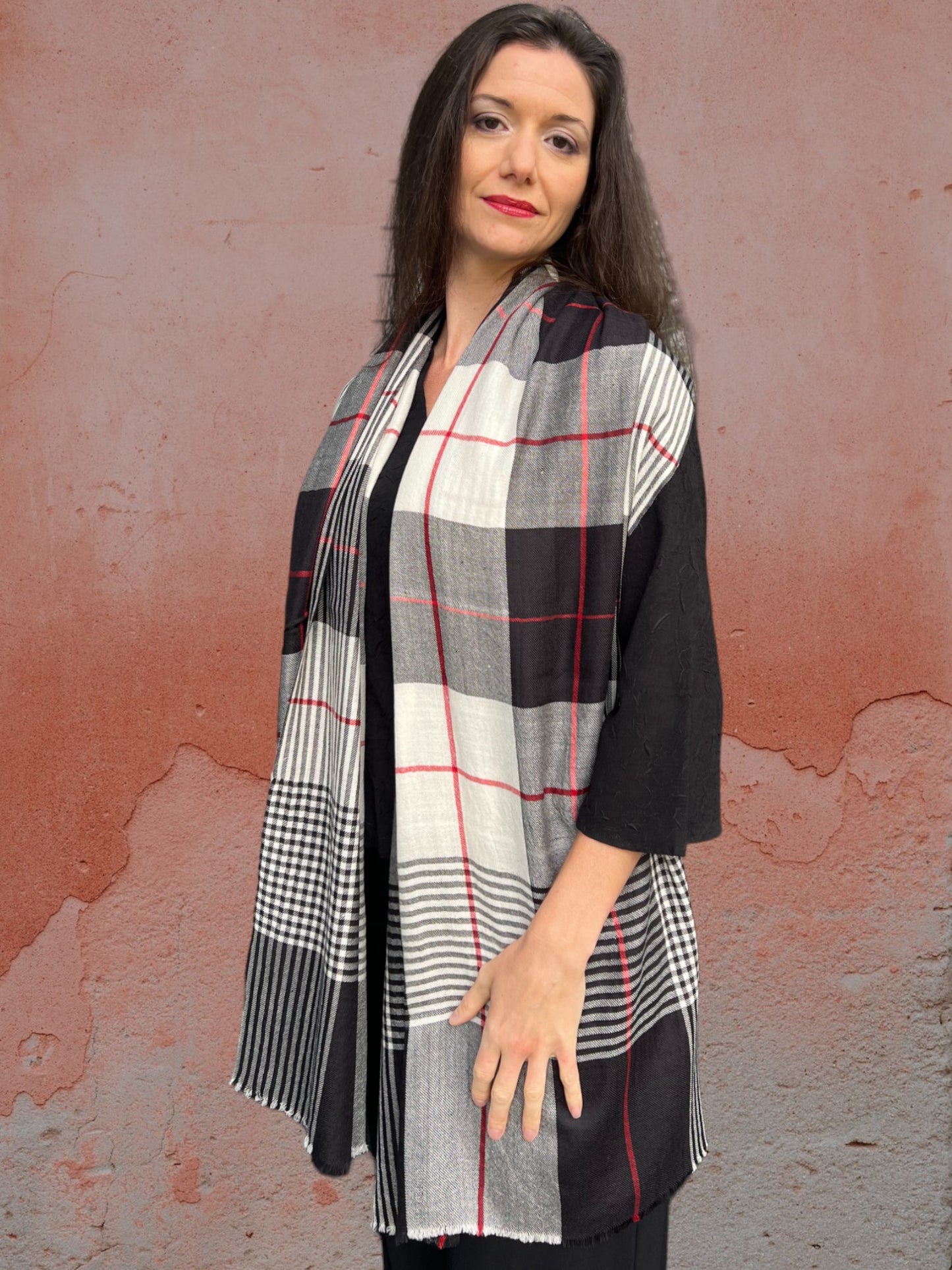 Hand Loomed Black Wool And Silk Check Scarf