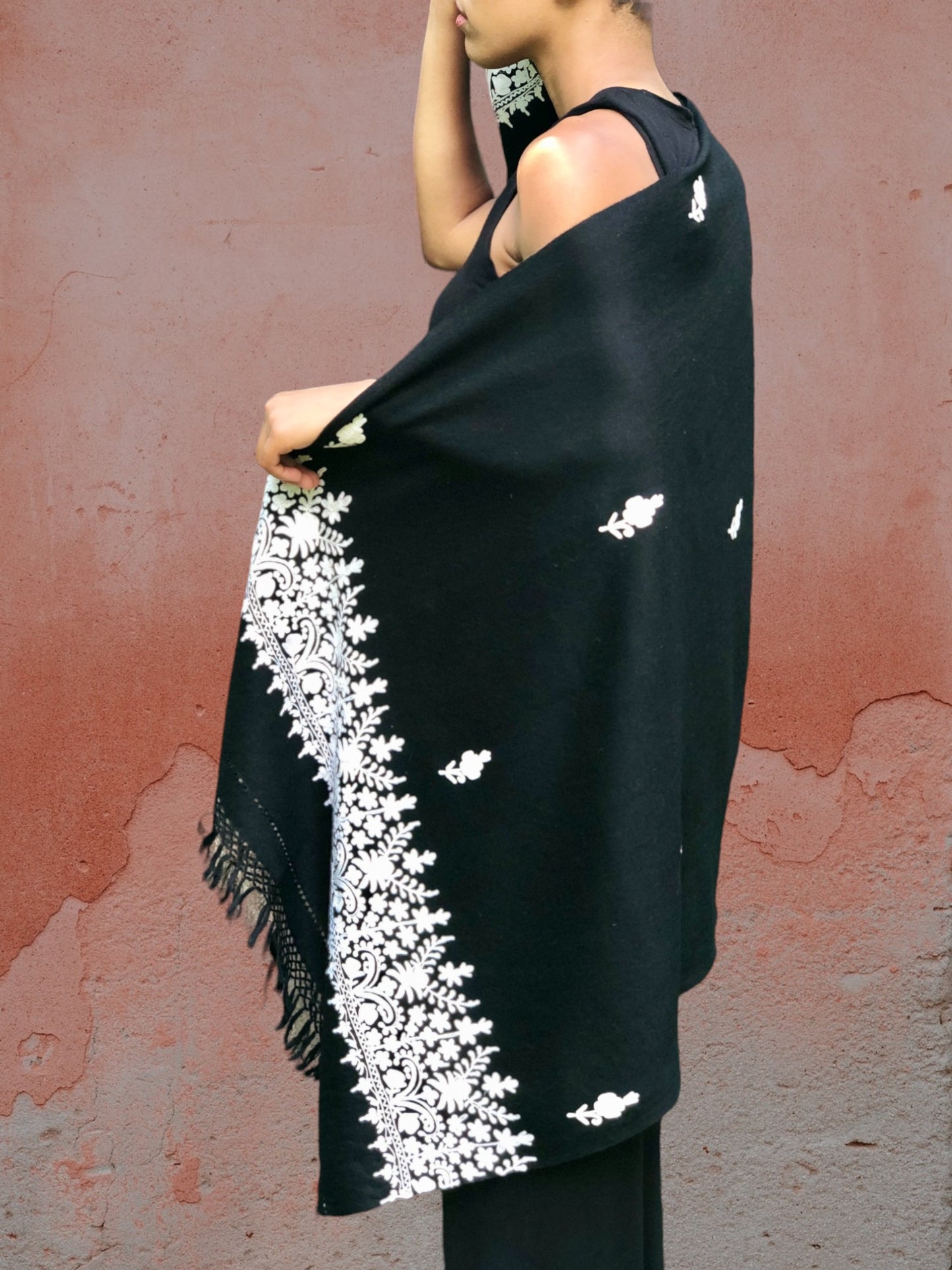 Black and White Embroidered Wool Wrap
