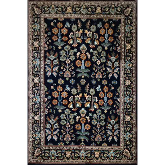 5×7 Feet Handmade Wool Carpet Black Hand Knotted Floral