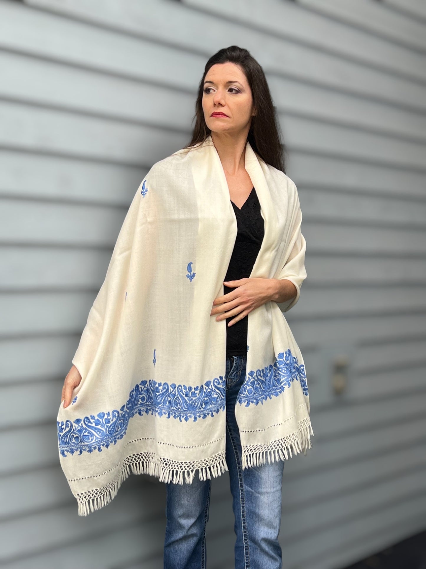 Sapphire and Ivory Embroidered Wool Wrap