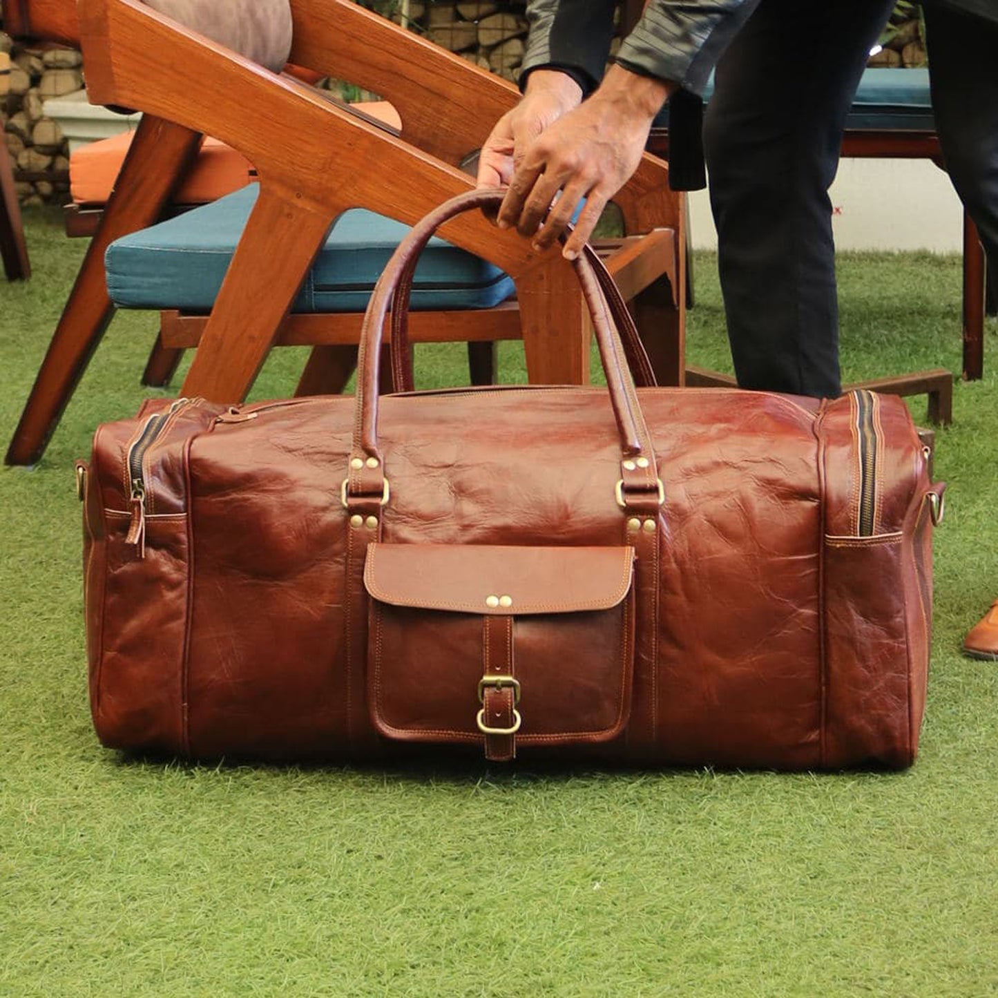 Handmade Square Leather Travel Duffle Bag.