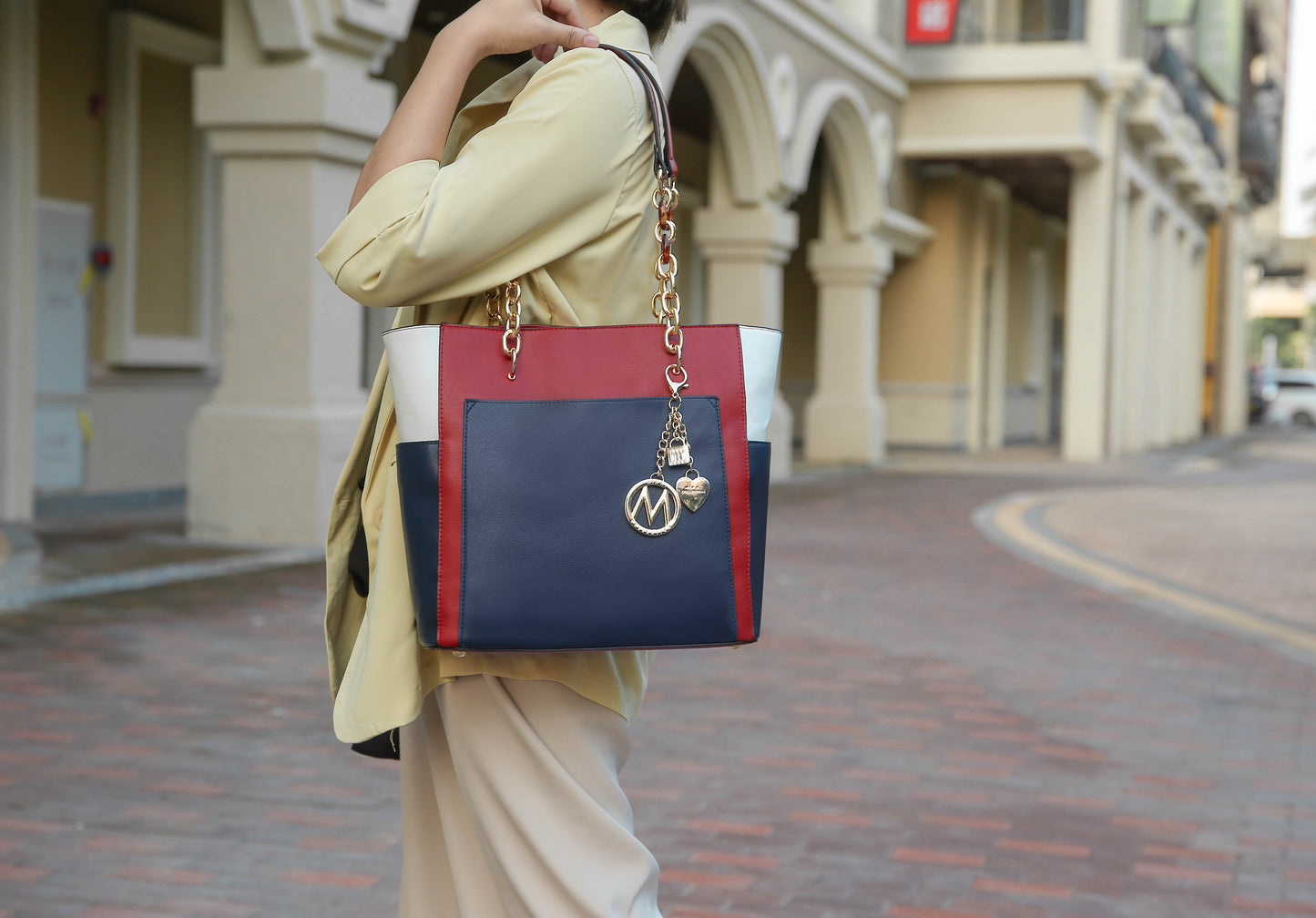 Rochelle Vegan Color Block Vegan Leather Women Tote Bag with Wristlet