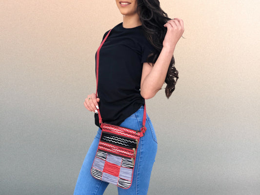 Red and Gray Suede Cross Body Bag