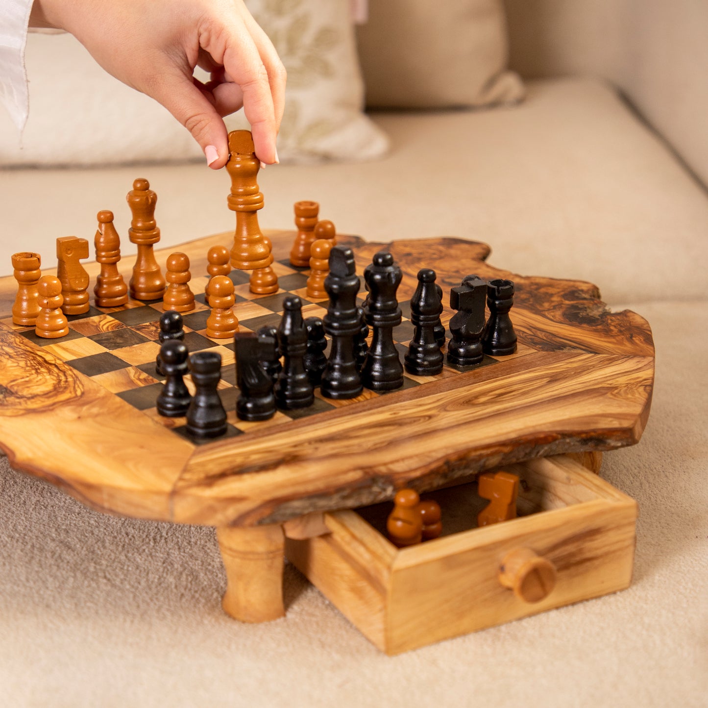 Handcrafted Olive Wood Chess Set with Drawers and Legs for Home Decor
