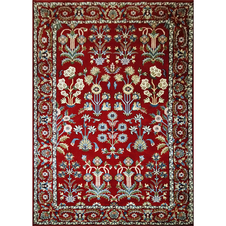 5ft×7ft Red Hand Knotted Floral Carpet Wool