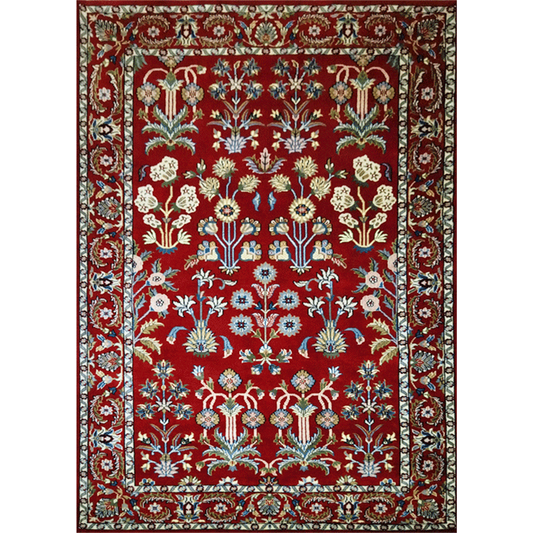 5ft×7ft Red Hand Knotted Floral Carpet Wool