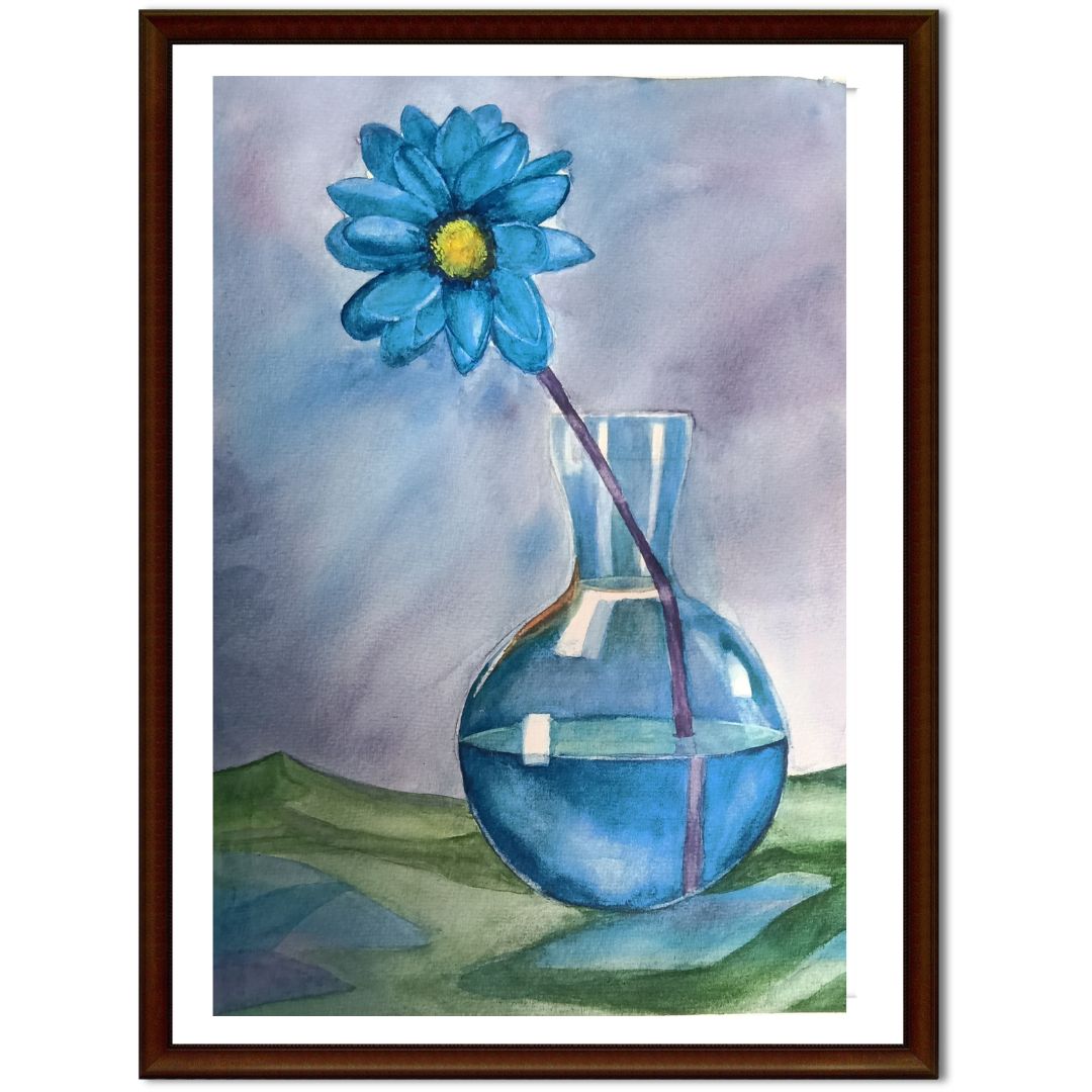 Blue Flower and Glass Vase Painting Print With Frame (A4 Size)