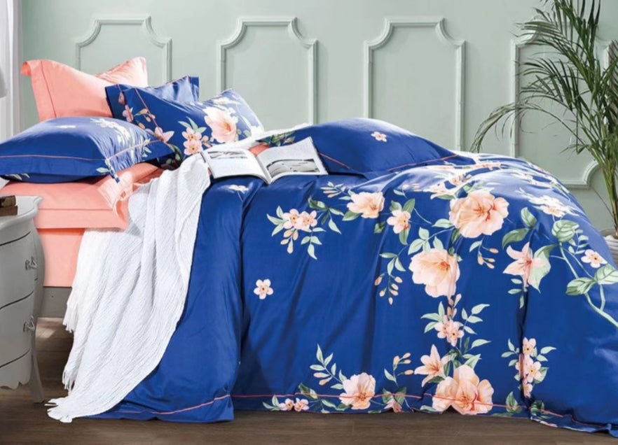 Elizabeth Blue/Orange Floral  PURE Cotton Reversible Duvet Cover Set