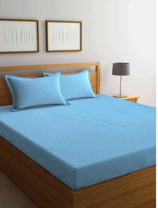 Sky Blue Striped  Cotton Blend Super King Size Double Bedsheet