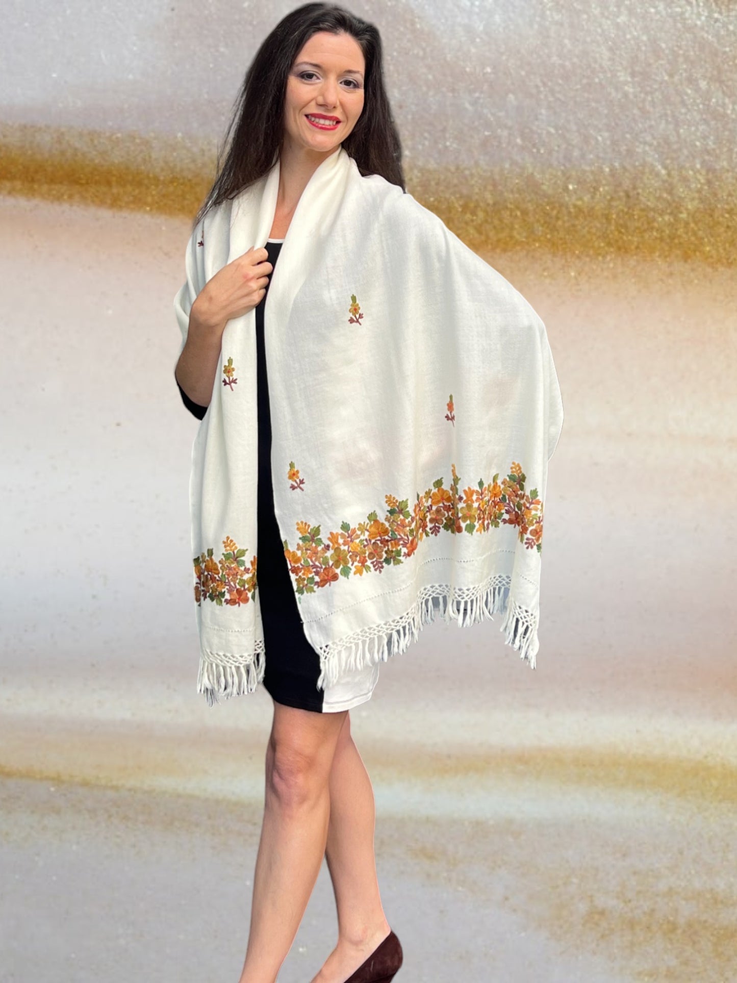 White and Rust Leaves Embroidered Wrap