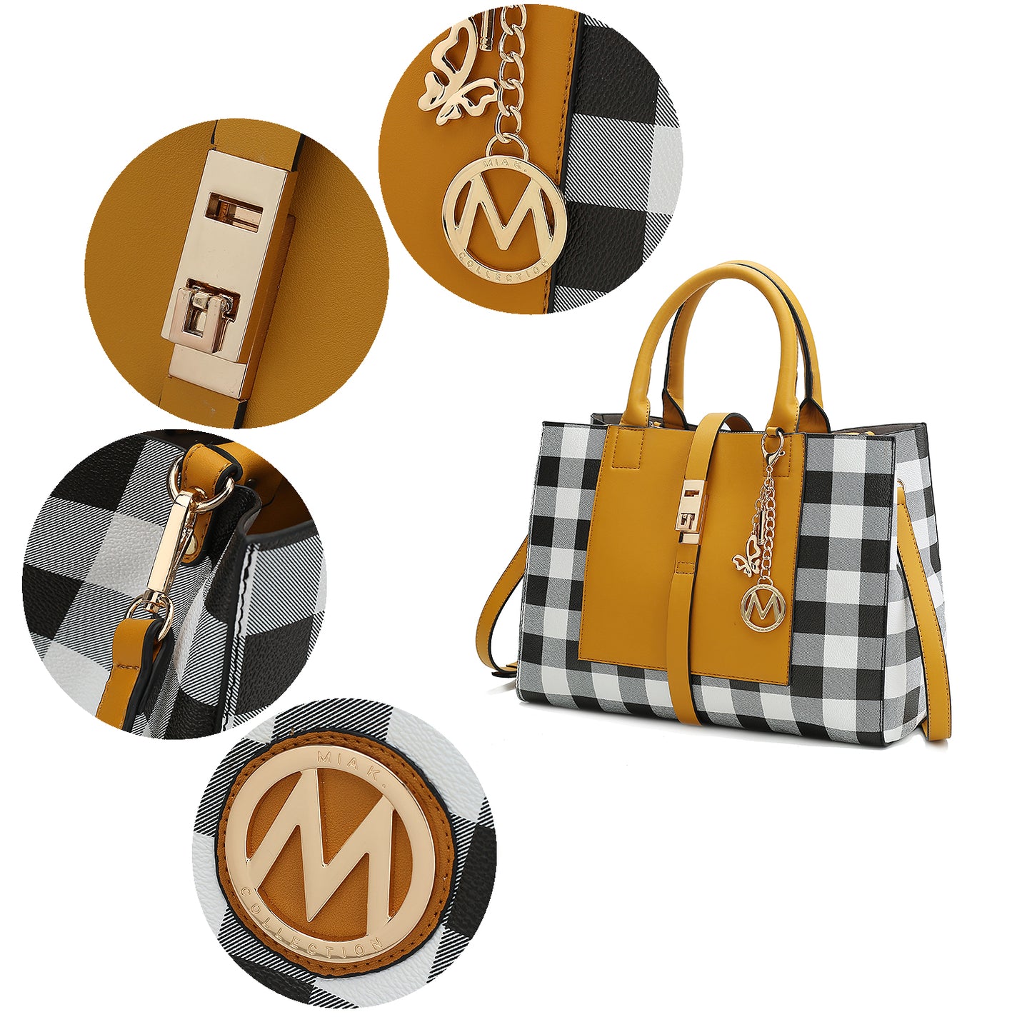 Yuliana Checkered Satchel Bag with Wallet Vegan Leather Women