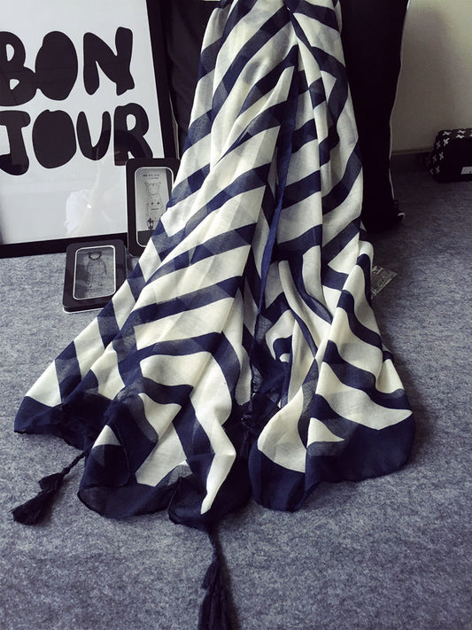 Striped Scarf in Navy/White with Removable Tassels