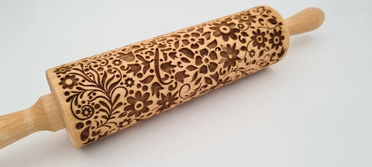Engraved Rolling Pin Natural Wood Folk Kitchen Pins Handmade - Flower