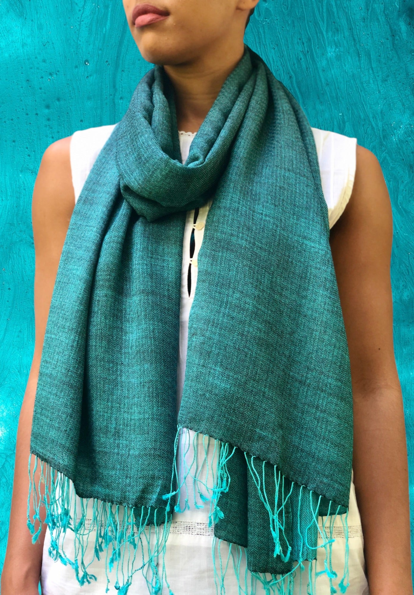 Teal Two Tone Wool And Silk Blend Scarf