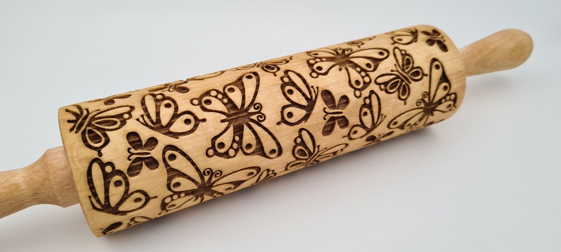 Engraved Rolling Pin Natural Wood Folk Kitchen Handmade - Butterflies
