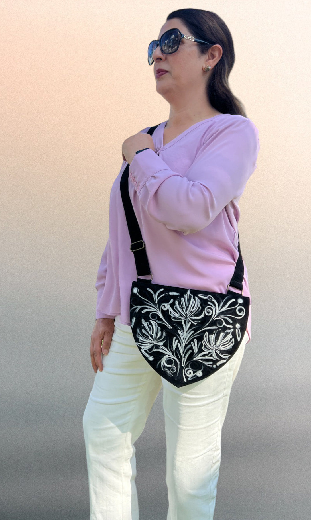 Handmade Black and White Suede Embroidered Heart Shaped Bag