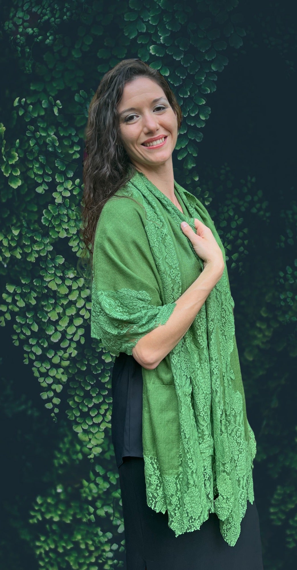 Green Wool and Silk Lace Scarf / Wrap