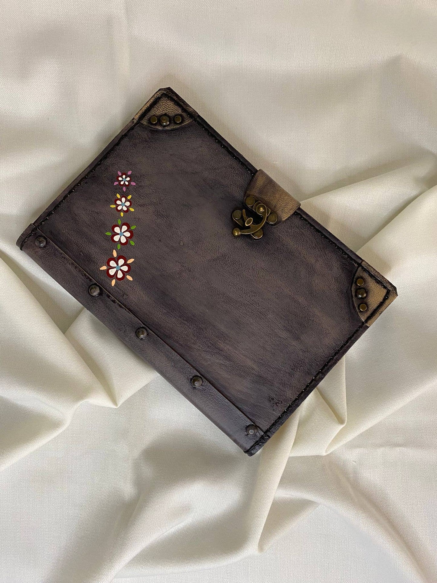 Floral Design Dark Gray Color Craft Leather Journal Diary Notebook