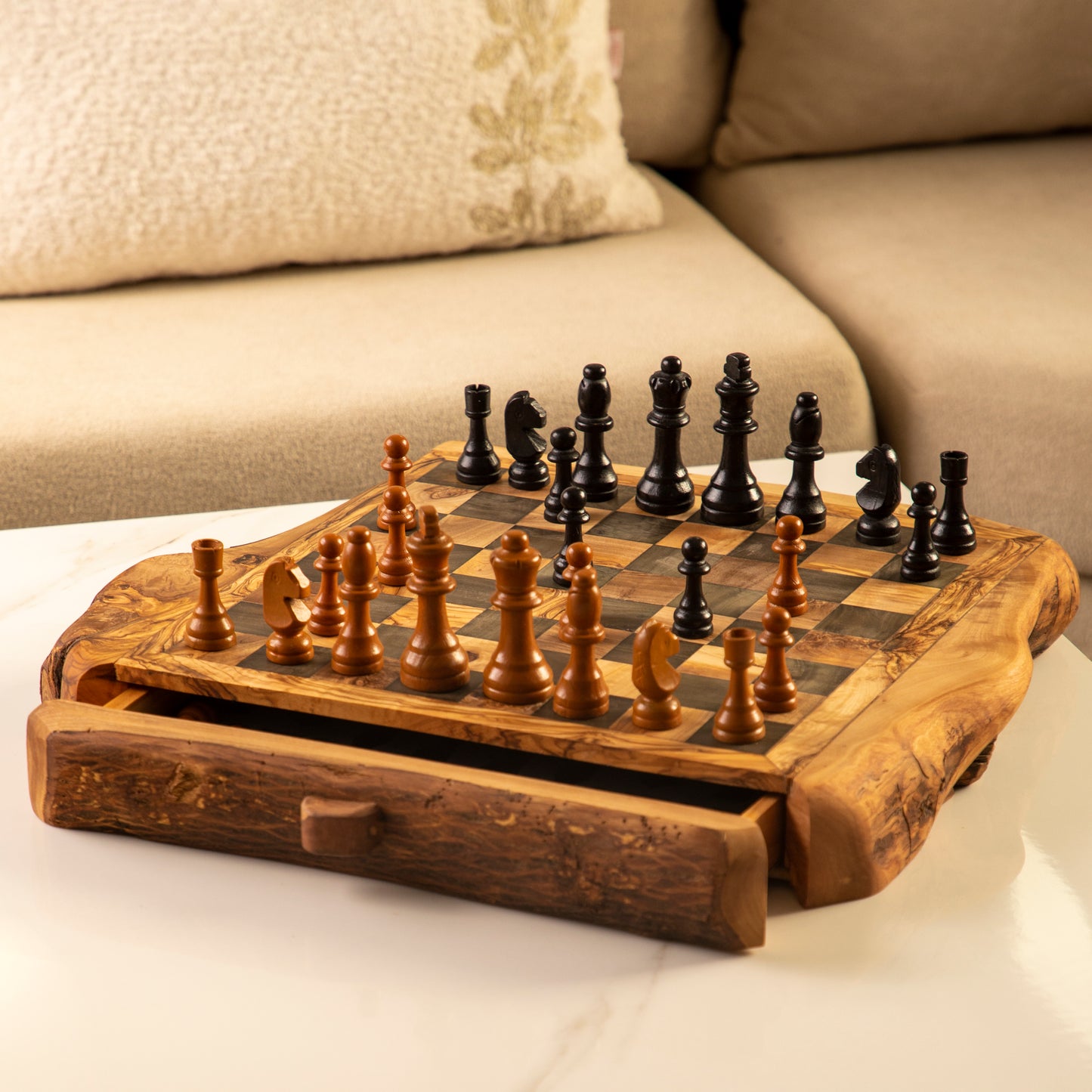 Handmade Olive Wood Chess Set with One Large Rustic Drawer