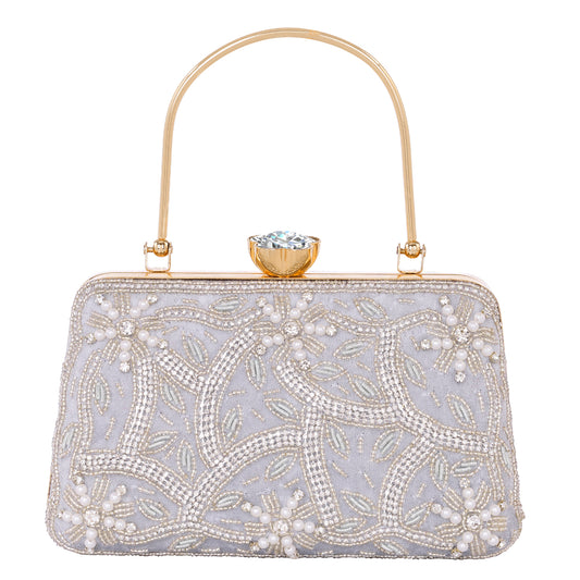 A.E Emboried Wedding Beautiful Silver Clutch | Wedding Clutch Bag with