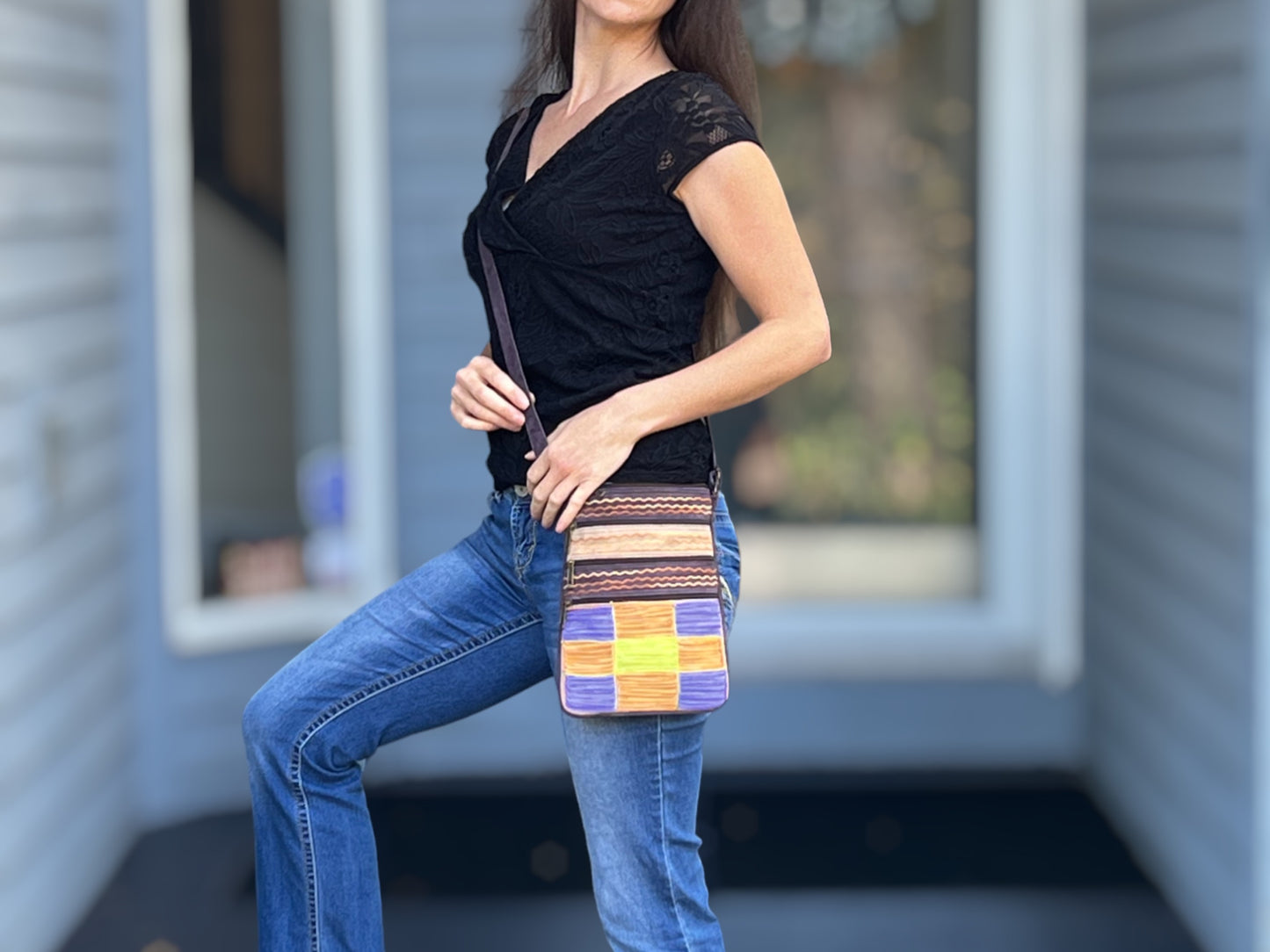 Purple, Green and Peach Suede Cross Body Bag