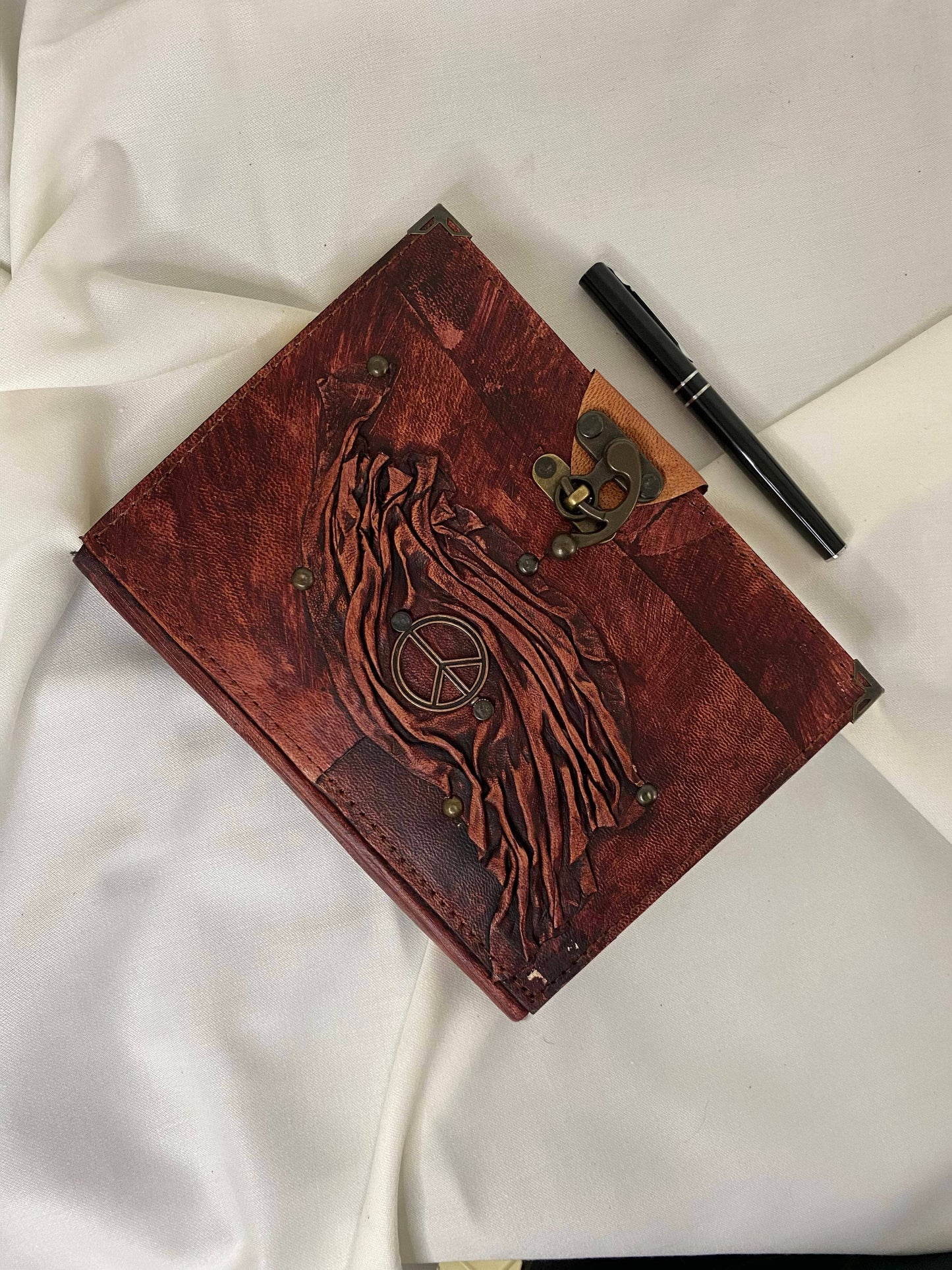 Peace Symbol Design Brick Color Craft Leather Journal Diary Notebook