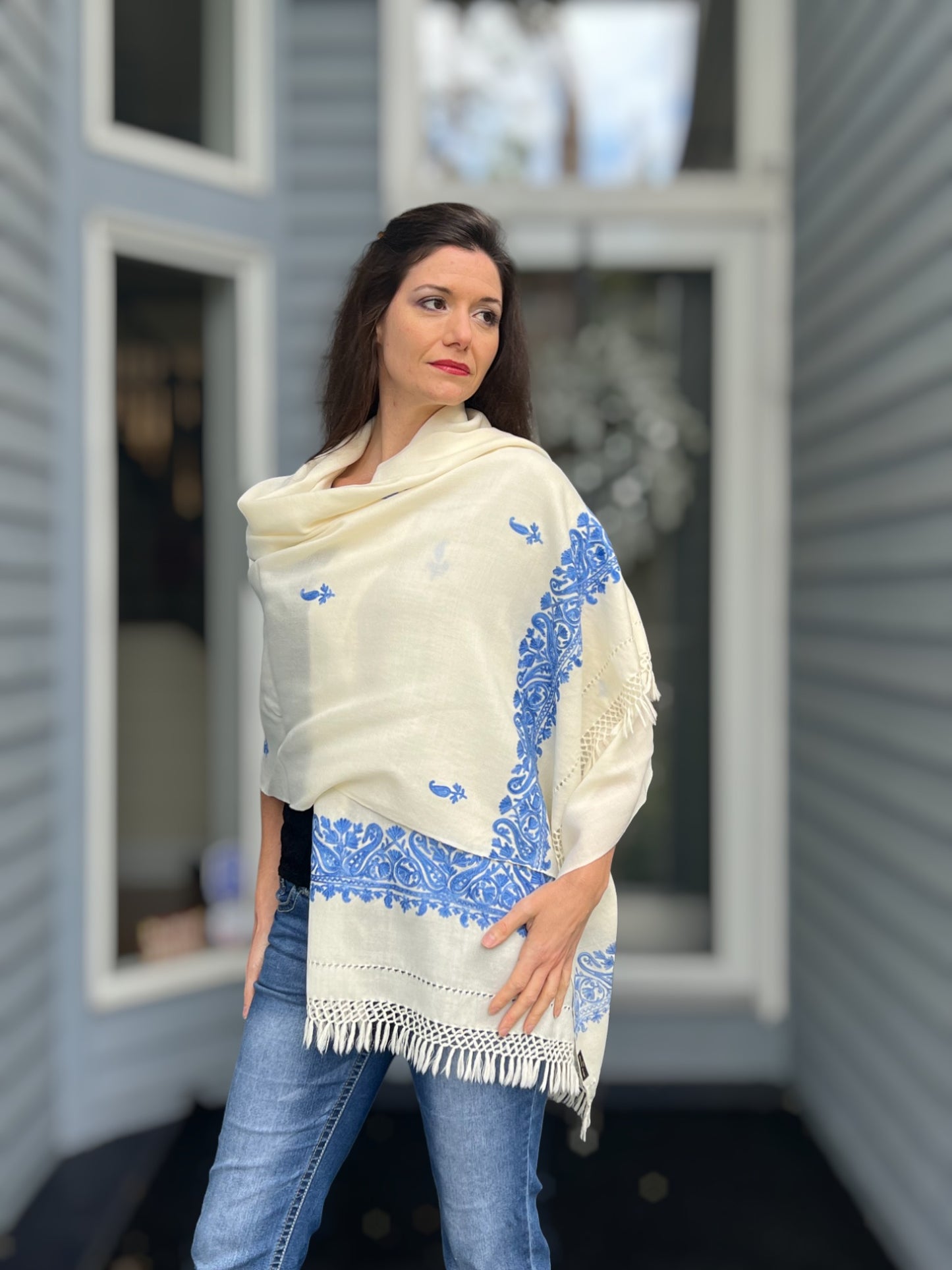 Sapphire and Ivory Embroidered Wool Wrap