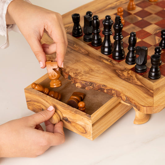 Handcrafted Olive Wood Chess Set with Drawers and Legs and Red Squares