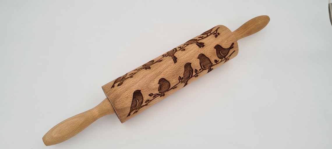 Engraved Rolling Pin Natural Wood Folk Kitchen Pins Handmade - Birds