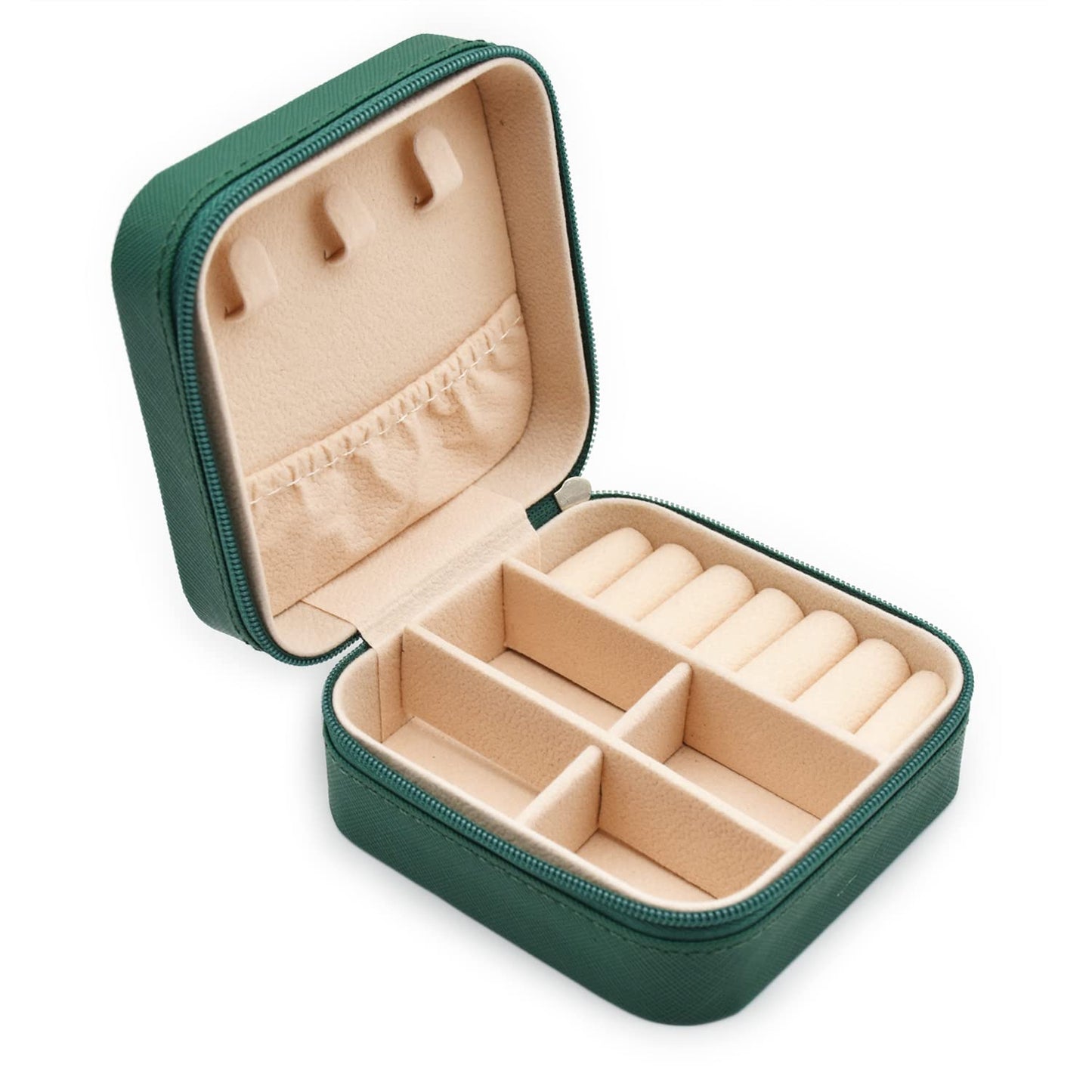 Jewellery Organiser PU Leather Zipper Portable Box -DARK GREEN