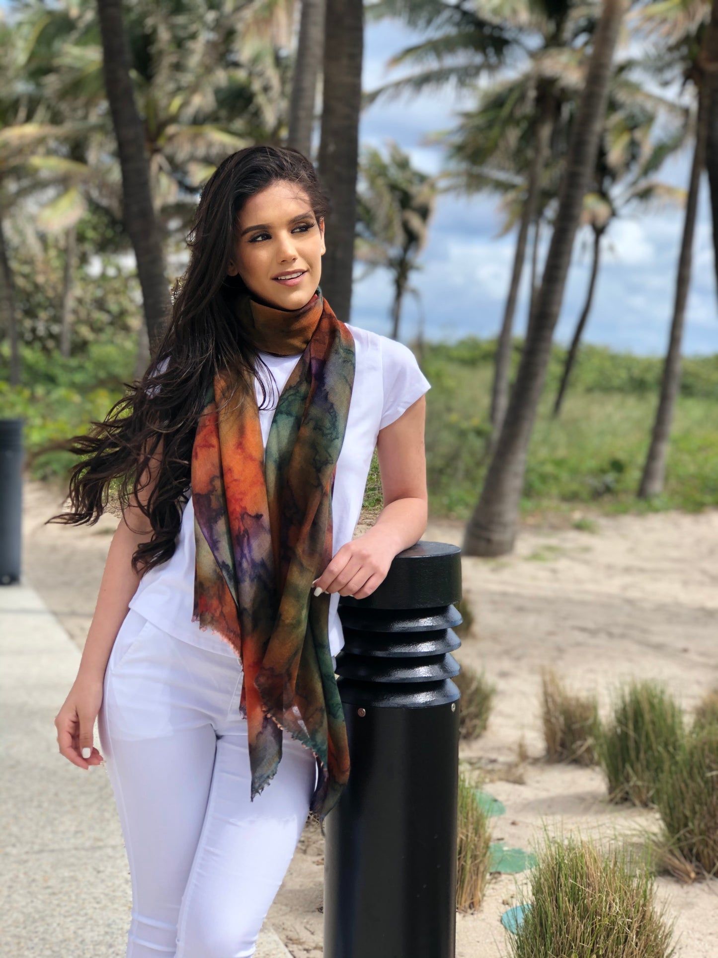 Hand Painted Orange & Purple Watercolor Wool & Silk Scarf