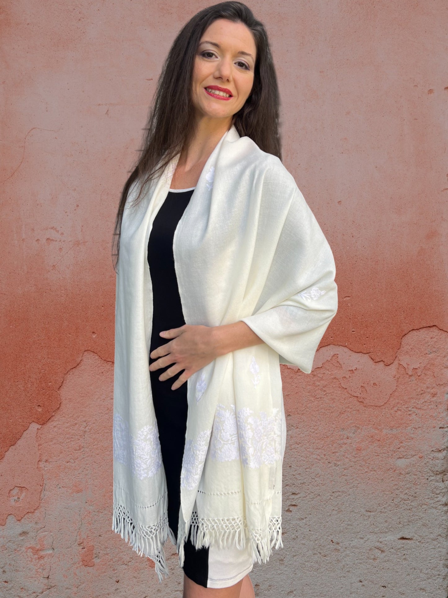 Ivory Embroidered Wool Wrap