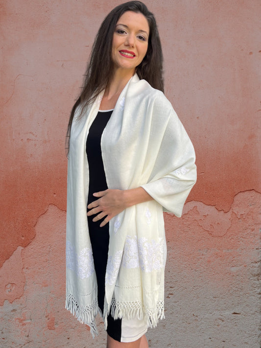 Ivory Embroidered Wool Wrap