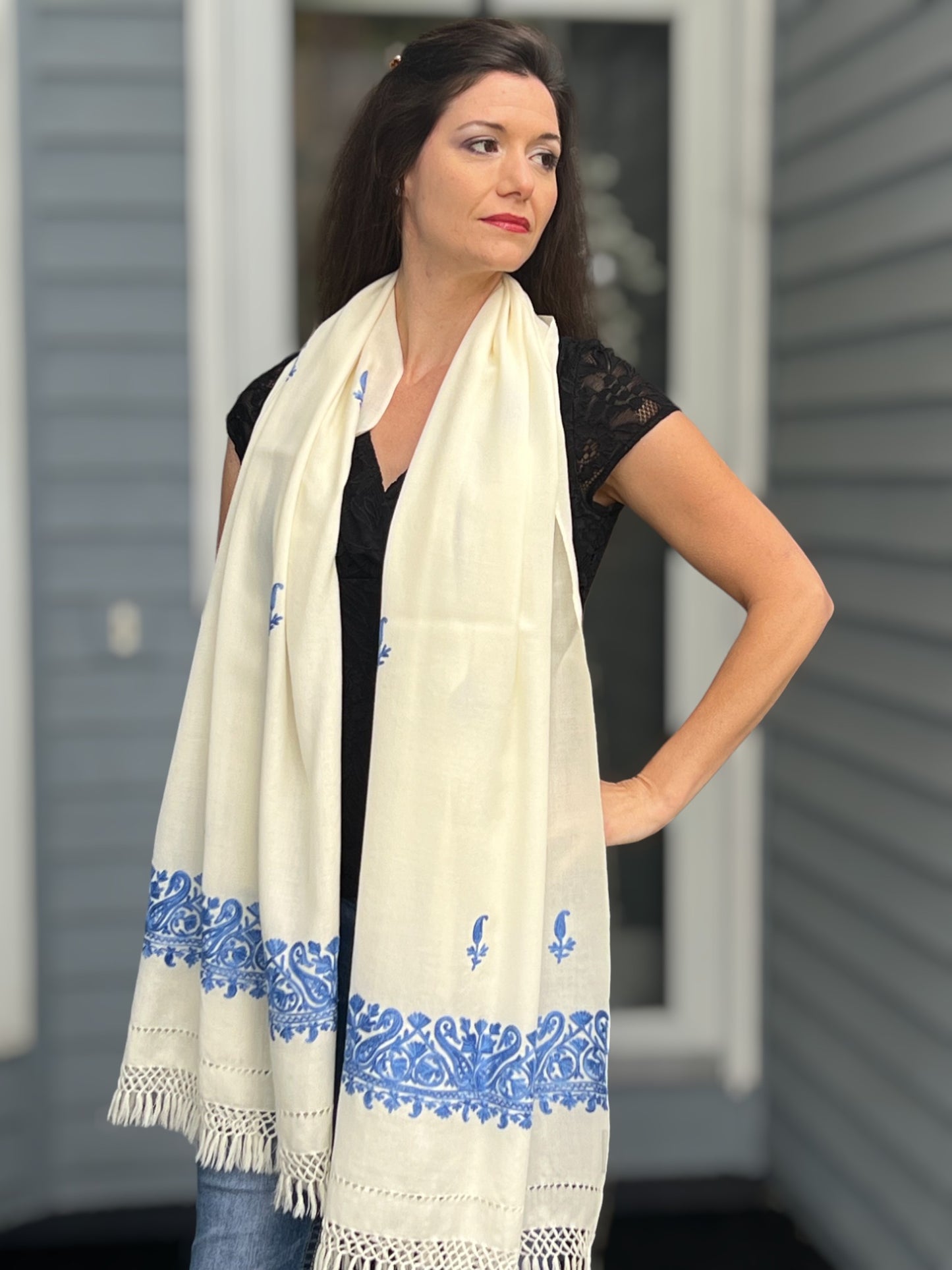Sapphire and Ivory Embroidered Wool Wrap