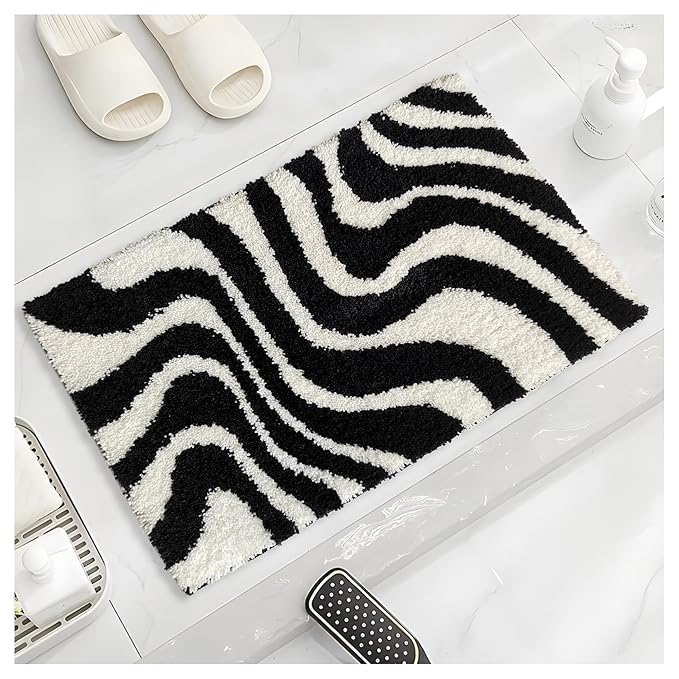 Black and White Bathroom Rug,Microfiber Bath Mat for Bathroom